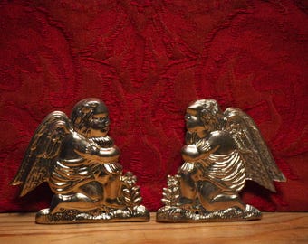 pair of antique silvered angels, cherubs plaque ornament left and right Ex Voto