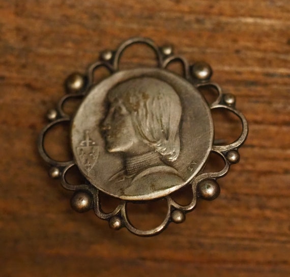 French antique silvered religious medal brooch of… - image 2