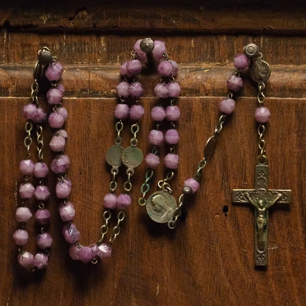 Antique religious medal rosary necklace pendant violet glass beads Mother Mary silvered crucifix