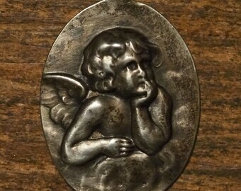 Antique religious hallmarked 800 silver  medal pendant sweet winged angel  cherub