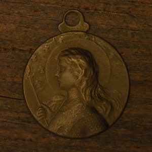 Antique religious French brass medal pendant Saint Joan of Arc in Armor
