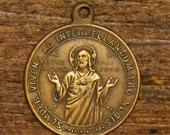 Antique French religious bronze medal pendant sacred heart of our lord Jesus by Penin at lyon