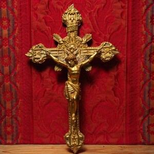 Antique wall hanging religious bronze brass pectoral crucifix cross Baroque style 13.60 inch tall