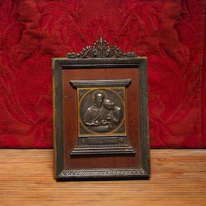 Antique French religious prayer ornate silvered medal plaque Holy Communion chalice