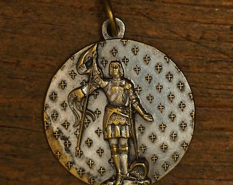 Antique religious French silvered bronze medal pendant Saint Joan of Arc fleur de Lis