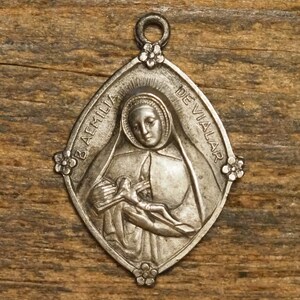 Antique silvered religious medal pendant B.Aemilia de Vialar