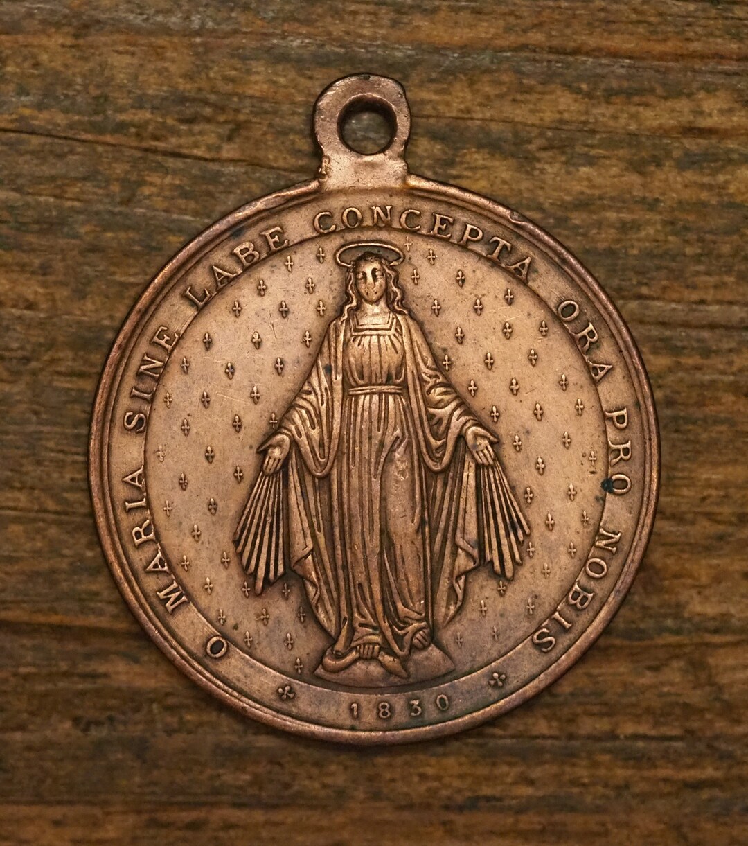 Antique Religious Bronze Miraculous Medal Pendant O Mary Conceived