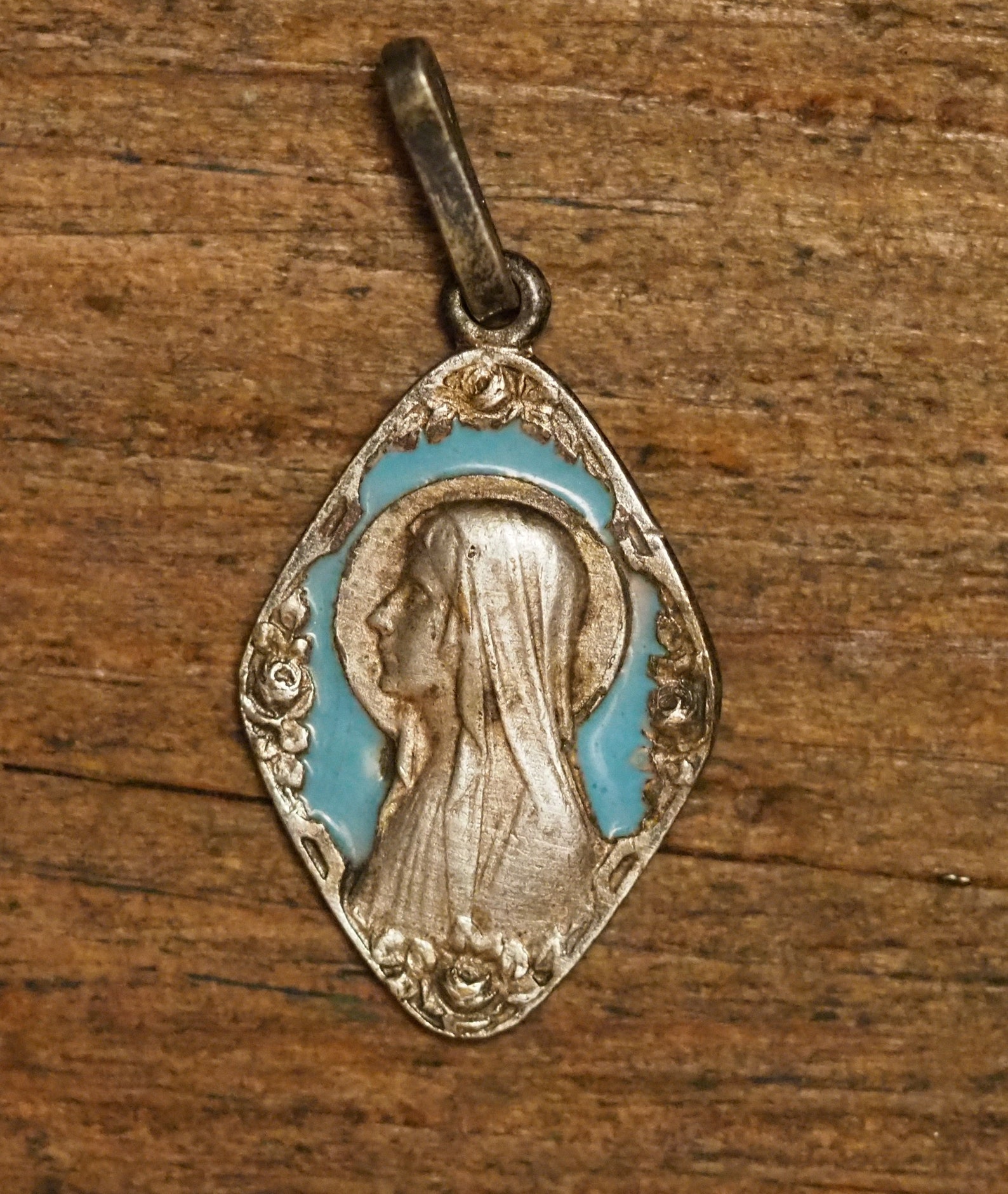 Antique Silvered and Blue Enamel Religious Medal Pendant Our Etsy