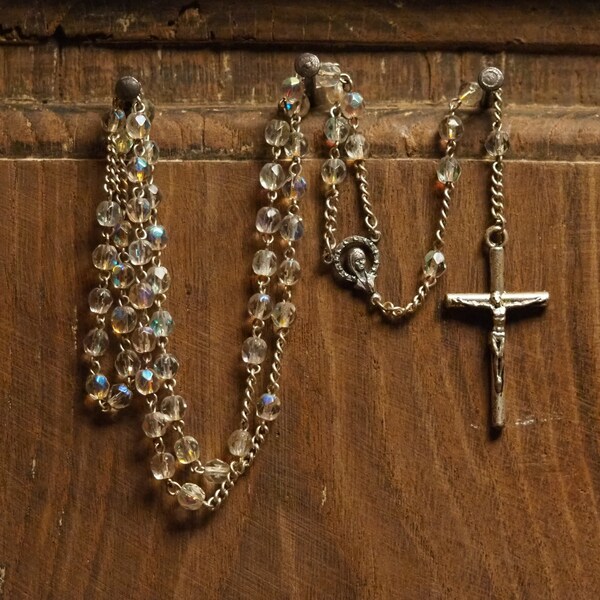 vintage French rosary necklace pendant with iridescent glass
