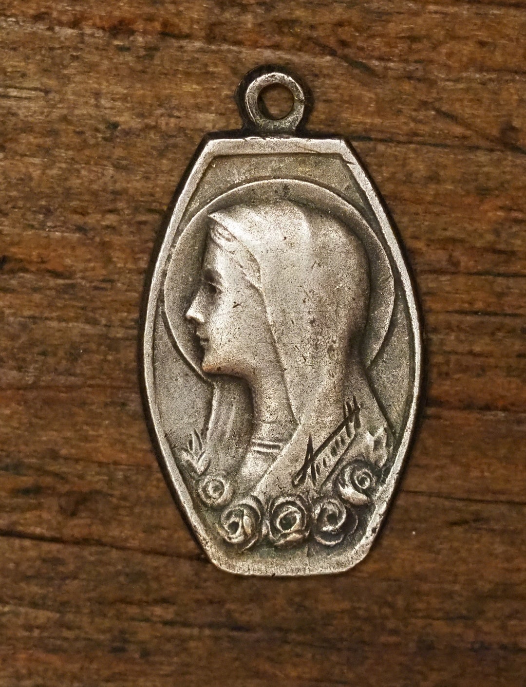 Antique French Art Deco Religious Silvered Medal Pendant of Mother Mary ...