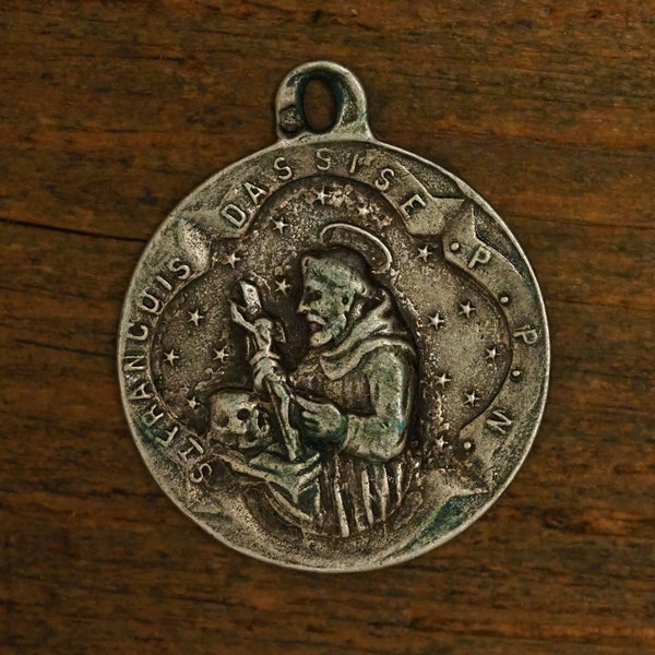Antique religious hall marked silver medal pendan of Saint Francis of Assi & Saint Anthony of Padua angels