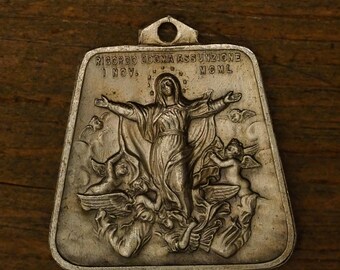 Antique Italian bronze religious medal pendant I remember hiring dogma 1 nov MCML angels holy staircase
