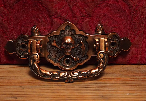 Antique French Gothic red copper look Coffin Handles Skull and Bone Scythe  Momento Mori .