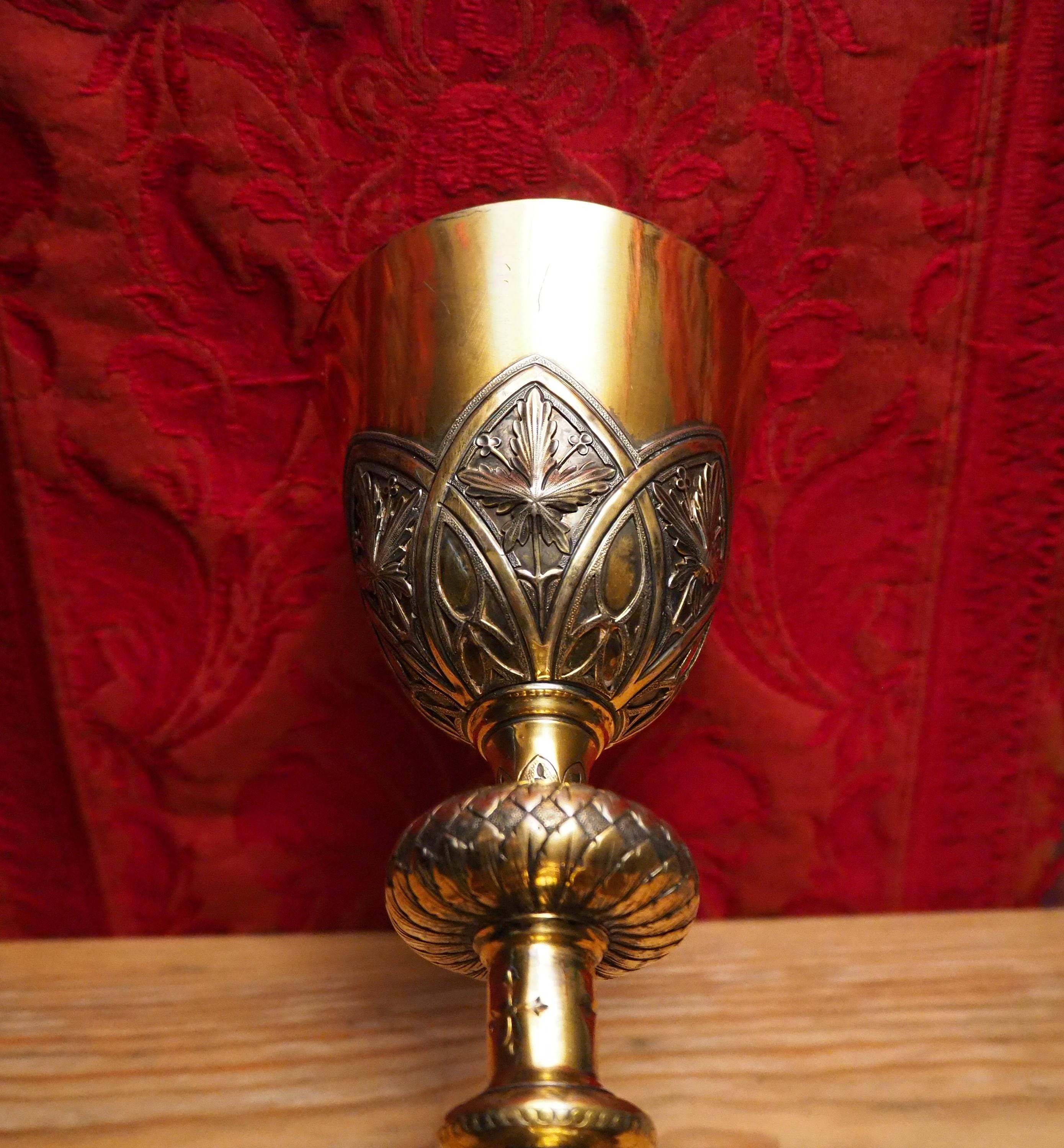 Antique Gilded Silver Catholic Church Chalice Goblet , Four Crosses ,Grapes and Leaves Decor with Six Silver Hallmarks