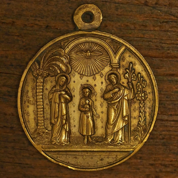 Pendentif médaille religieuse antique en bronze de la sainte famille Saint-Joseph Jésus Sainte Marie Saint-Esprit