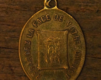 antique bronze religious medal pendant face of Jesus Veonica's Veil  - virgo septem dolorum