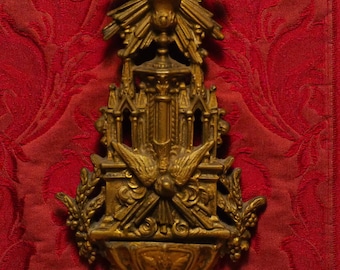 Antique religious Gothic bronze brass wall hanging Holy water font Holy Spirit IHS chalice