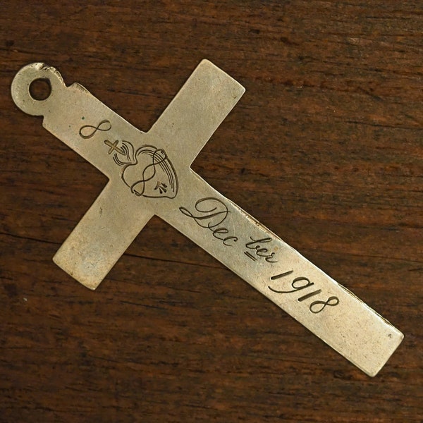 Antique genuine religious solid silver nun cross pendant engraved 8 December 1918 sacred heart
