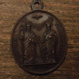 Antique religious bronze medal pendant Saint Peter & Saint Paul