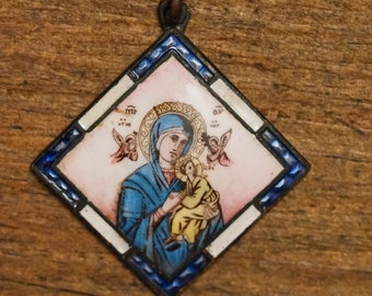antique bronze and hand painted enamel religious medal pendant our holy lady of the Perpetual help