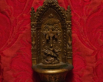 Antique religious Gothic bronze wall hanging Holy water font of the Pieta