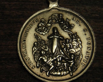 Antique religious bronze medal pendant in Latin with angel scene