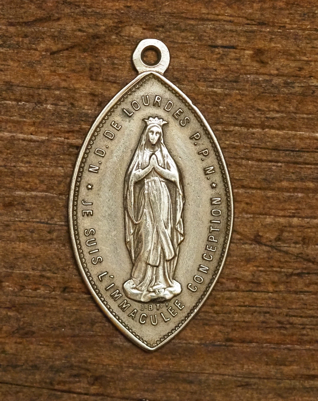 Antique French Silvered Religious Medal Pendant Our Lady of Lourdes I ...
