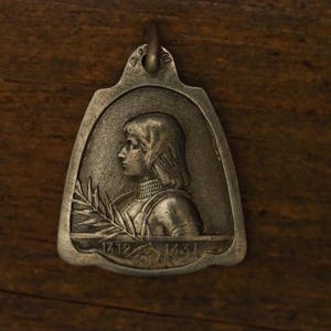 Antique religious French silvered medal pendant Saint Joan of Arc in Armor