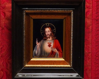 Antique religious enamel painting on copper in frame of the Sacred Heart of Jesus by G.Adam Limoges