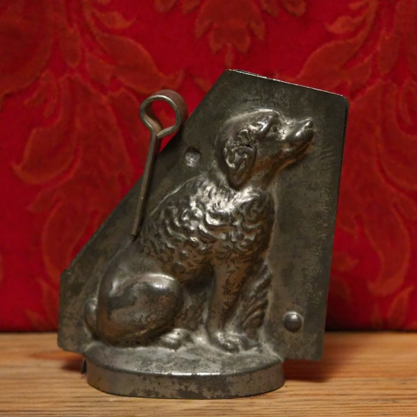 Antique two part chocolate mold of a sitting dog a poodle