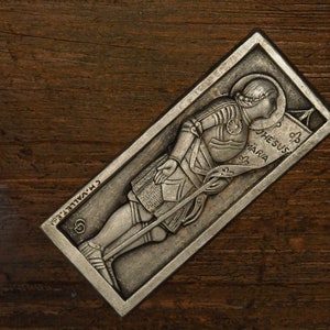 Antique religious French silvered plaque of Saint Joan of Arc in Armor byCH.Vallet.Edb