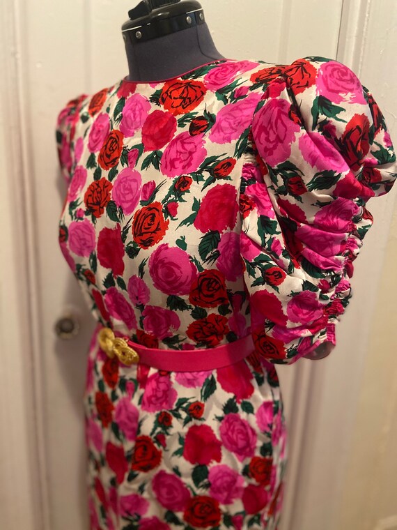 Vintage 80s Flora Kung Silk Red Rose Dress