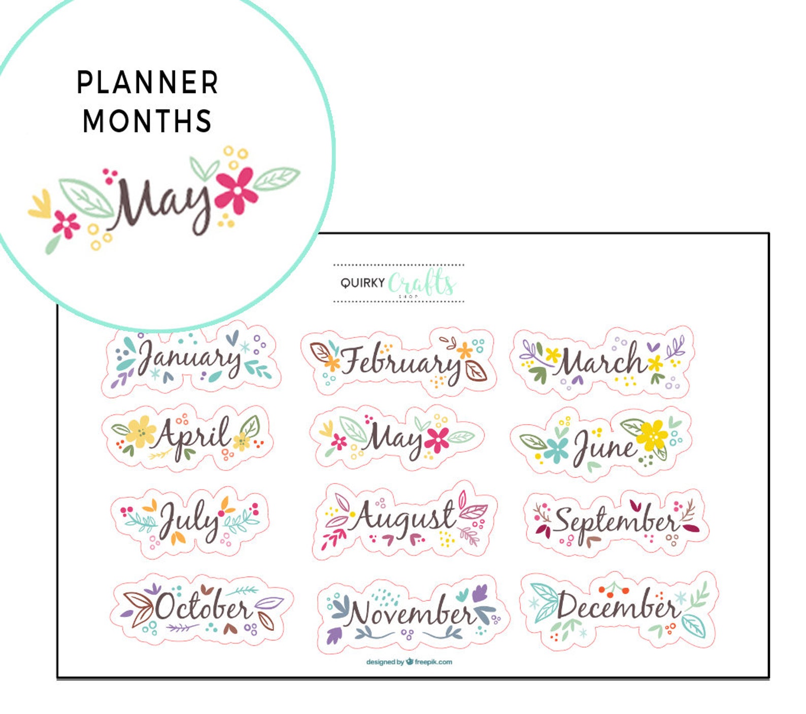 Planner Months Stickers Floral Coloring Book Sticker - Etsy