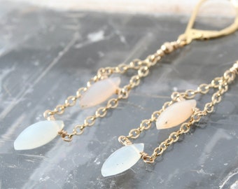 moonstone earrings, June birthstone, natural moonstone jewelry, peach moonstone drops, genuine gemstone earrings, delicate drop earrings