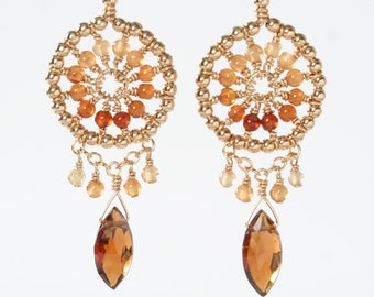 hessonite garnet earrings, statement earrings, burnt orange ombre stone drops, colorful gemstone jewelry, beaded gold hoops, wire wrapped
