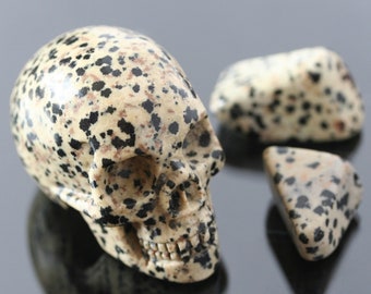 dalmatian jasper skull & stones set, Halloween Gothic decor, mens gift under 40, Witch gift, meditation healing stones, 2" hand carved skull