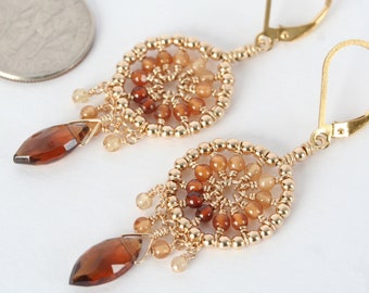 hessonite garnet earrings, statement earrings, burnt orange ombre stone drops, colorful gemstone jewelry, beaded gold hoops, wire wrapped