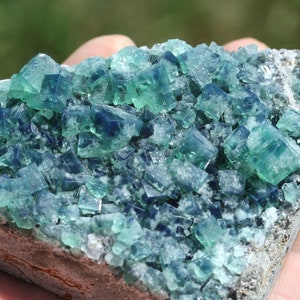 raw Rogerley fluorite crystal cluster Diana Maria mine blue green color changing cube crystal rare mineral specimen England collector stone image 1
