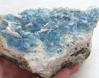 large blue fluorite crystal cluster, New Mexico mineral specimen, natural blue fluorite cubes, USA collector stone, boho decor display stone