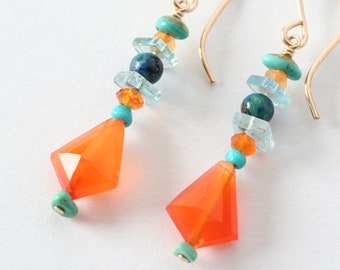 multi stone beaded earrings: carnelian, aquamarine, Morenci turquoise, chrysocolla; colorful gemstone jewelry, orange carnelian stone drops
