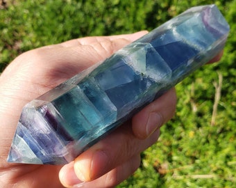 rainbow fluorite crystal point 5.5", double terminated natural blue fluorite stone, meditation stone, chunky fluorite quartz crystal wand