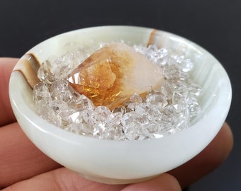 healing crystal set: onyx stone bowl, herkimer diamond quartz crystals, raw Brazil citrine point; feng shui, spiritual gift, altar bowl