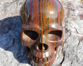 5" large tigereye & hematite skull 3.7 lb hand carved natural stone skull, Gothic decor, genuine red tiger eye, good luck and wealth stone