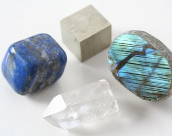 mineral specimen set: labradorite, pyrite, lapis lazuli, quartz crystal; meditation stones, spiritual gift under 40; boho hippie decor