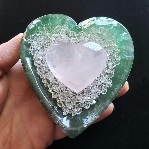 healing crystal set: green fluorite heart bowl, rose quartz heart, herkimer diamond quartz crystals; gemstone charging bowl, feng shui gift