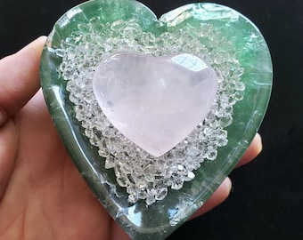 healing crystal set: green fluorite heart bowl, rose quartz heart, herkimer diamond quartz crystals; gemstone charging bowl, feng shui gift