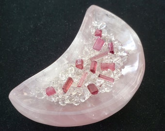 healing crystal set: rose quartz moon bowl, pink tourmaline crystals, herkimer diamond crystals; gemstone altar charging bowl feng shui gift