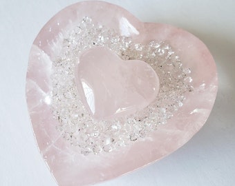 healing crystal set: natural rose quartz bowl, herkimer diamond crystals, pink rose quartz heart; feng shui gemstone charging bowl love gift