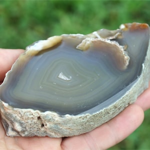 May include: A polished agate slice with concentric bands of gray, blue, and white. The natural stone has a rough, textured edge and a smooth, polished interior. The agate is held in a hand against a blurred green background.
