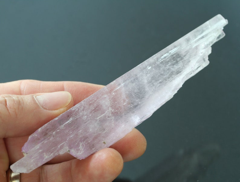 May include: A large, translucent, pale pink selenite crystal with a striated surface. The crystal is about 10 inches long and has a slightly curved shape.